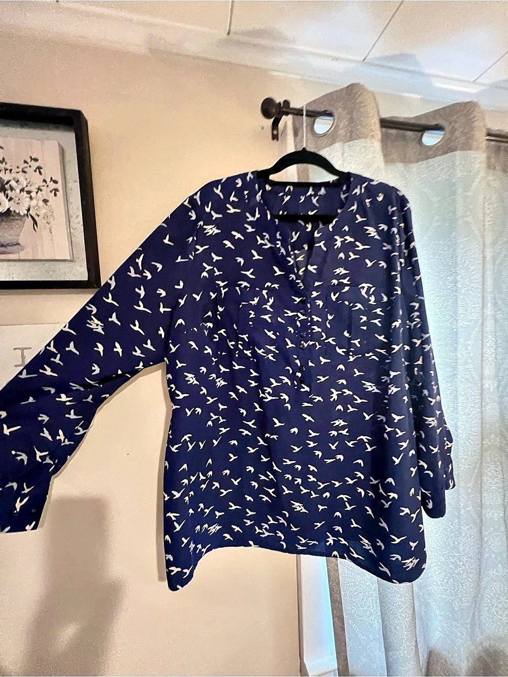 Bird Print Long Sleeve Tunic in Blue & White